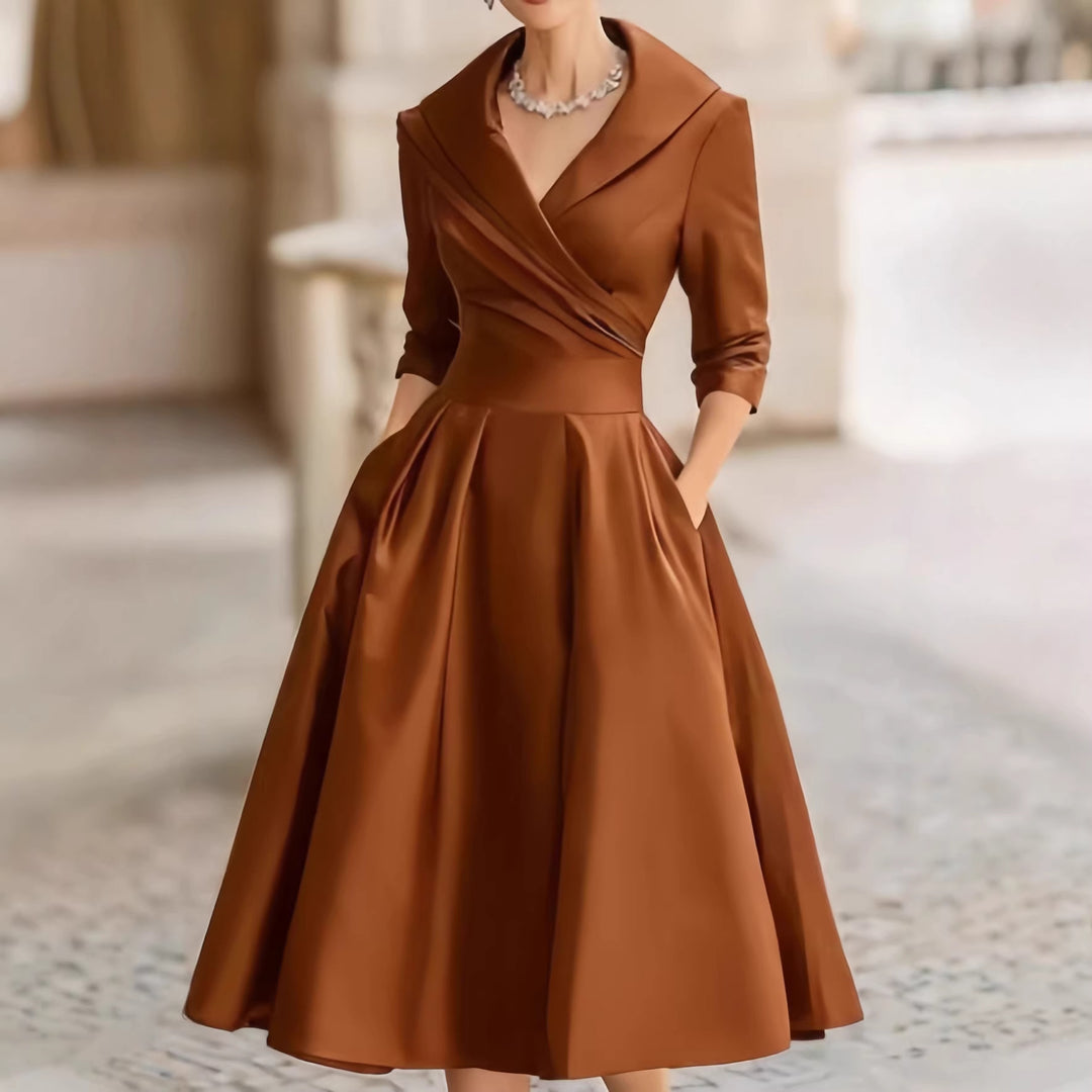 Damen Elegantes Satin-Midikleid mit Wickeloberteil, mittellangen Ärmeln und Eingrifftaschen Drune