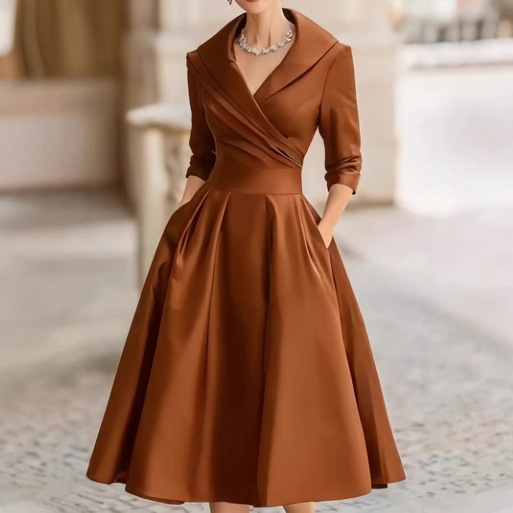 Damen Elegantes Satin-Midikleid mit Wickeloberteil, mittellangen Ärmeln und Eingrifftaschen Drune