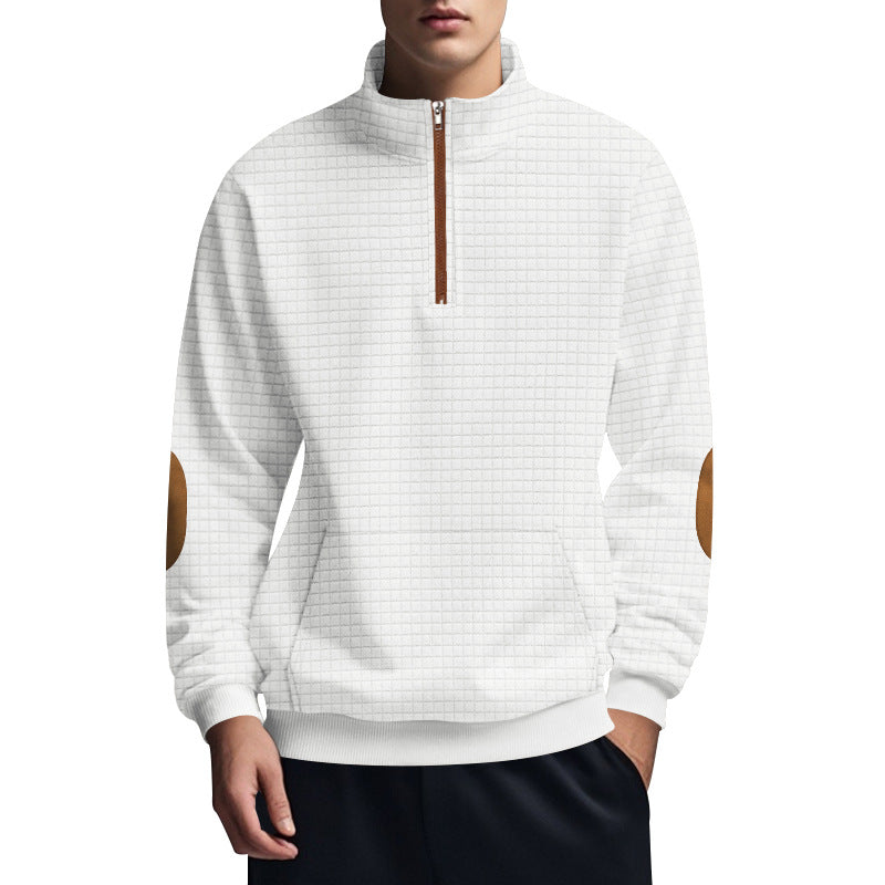 Herren nan gestepptes Halfzip-Sweatshirt mit Stehkragen, Kängurutasche und Kunstleder-Ellenbogenpatches Drune