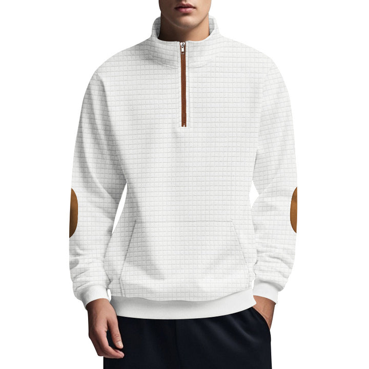 Herren nan gestepptes Halfzip-Sweatshirt mit Stehkragen, Kängurutasche und Kunstleder-Ellenbogenpatches Drune