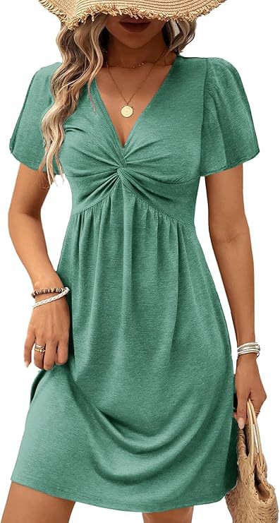 Damen lässiges Wickelkleid mit V-Ausschnitt und kurzen Ärmeln Drune
