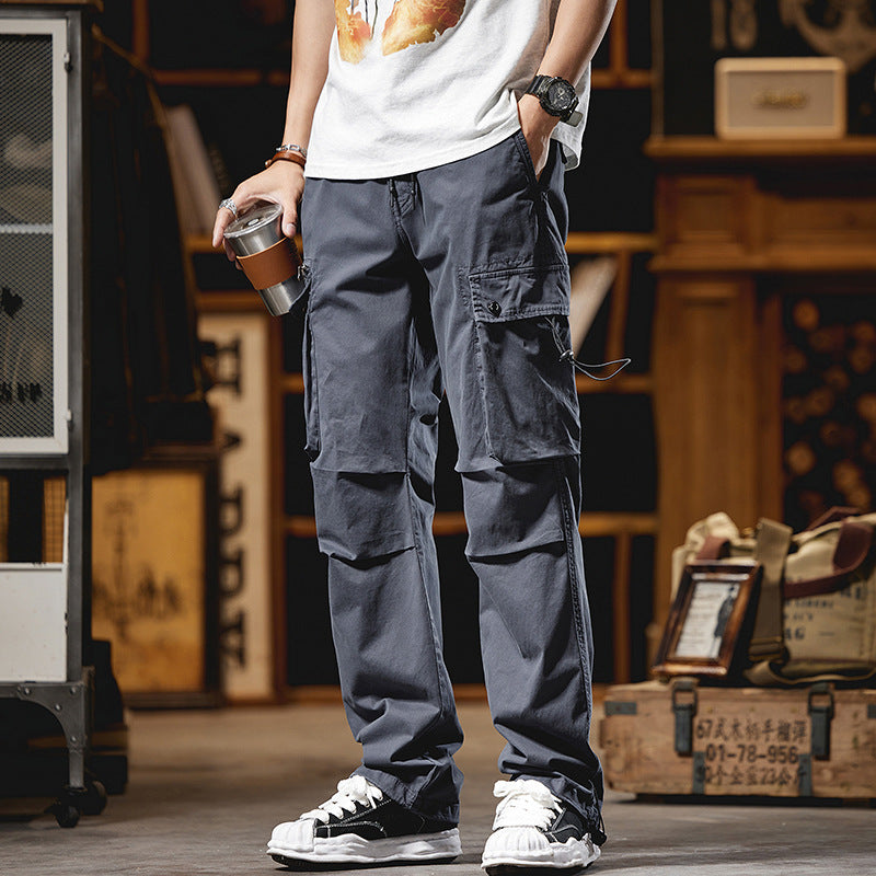 Herren Lockere Baumwoll‑Cargo‑Hose mit Tunnelzugbund, Knieabnähern und Multifunktionsklappen Drune