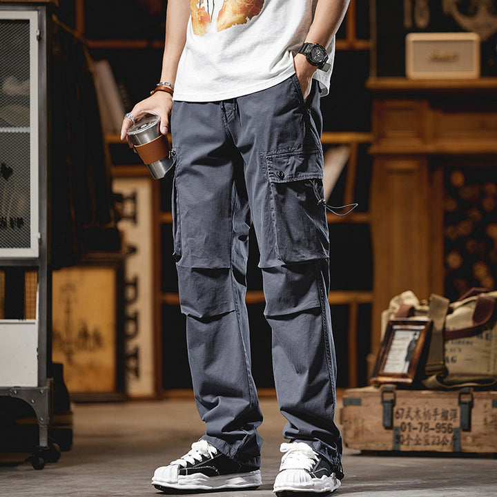 Herren Lockere Baumwoll‑Cargo‑Hose mit Tunnelzugbund, Knieabnähern und Multifunktionsklappen Drune