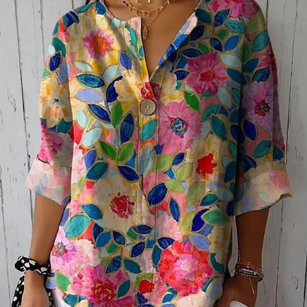 Damen Lose Blumenmuster Leinenlook Bluse Tunika mit V-Ausschnitt und Dreiviertelärmeln Drune