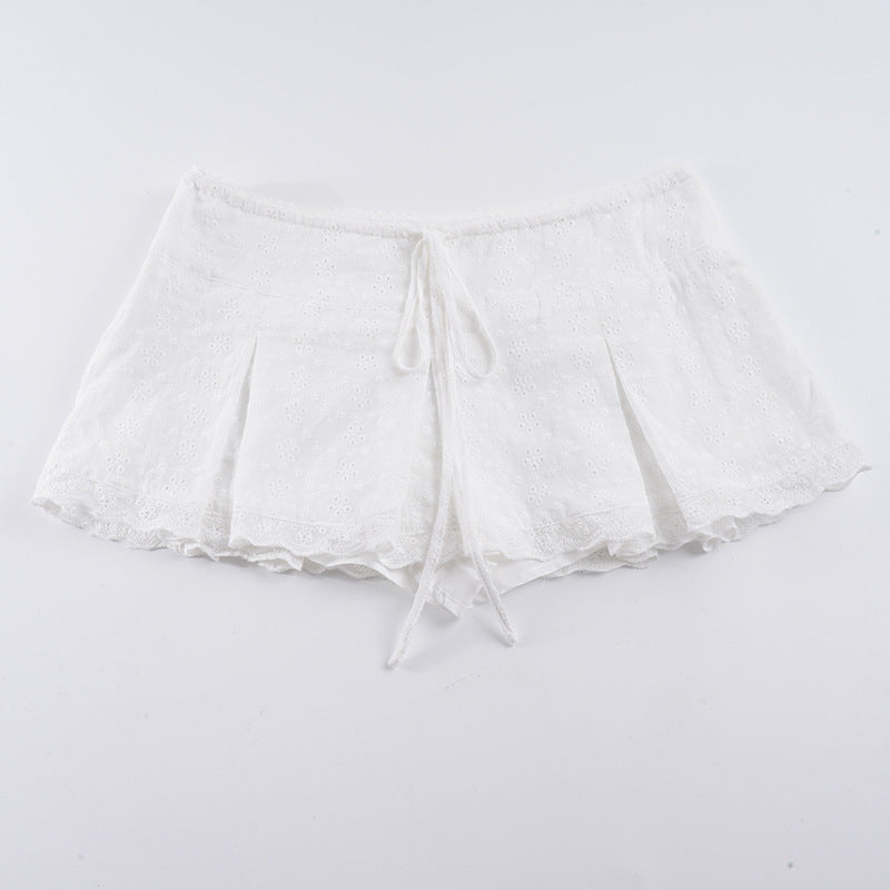 Damen verspielte Shorts mit verstellbarem Bindeband und zarten Spitzenakzenten Drune