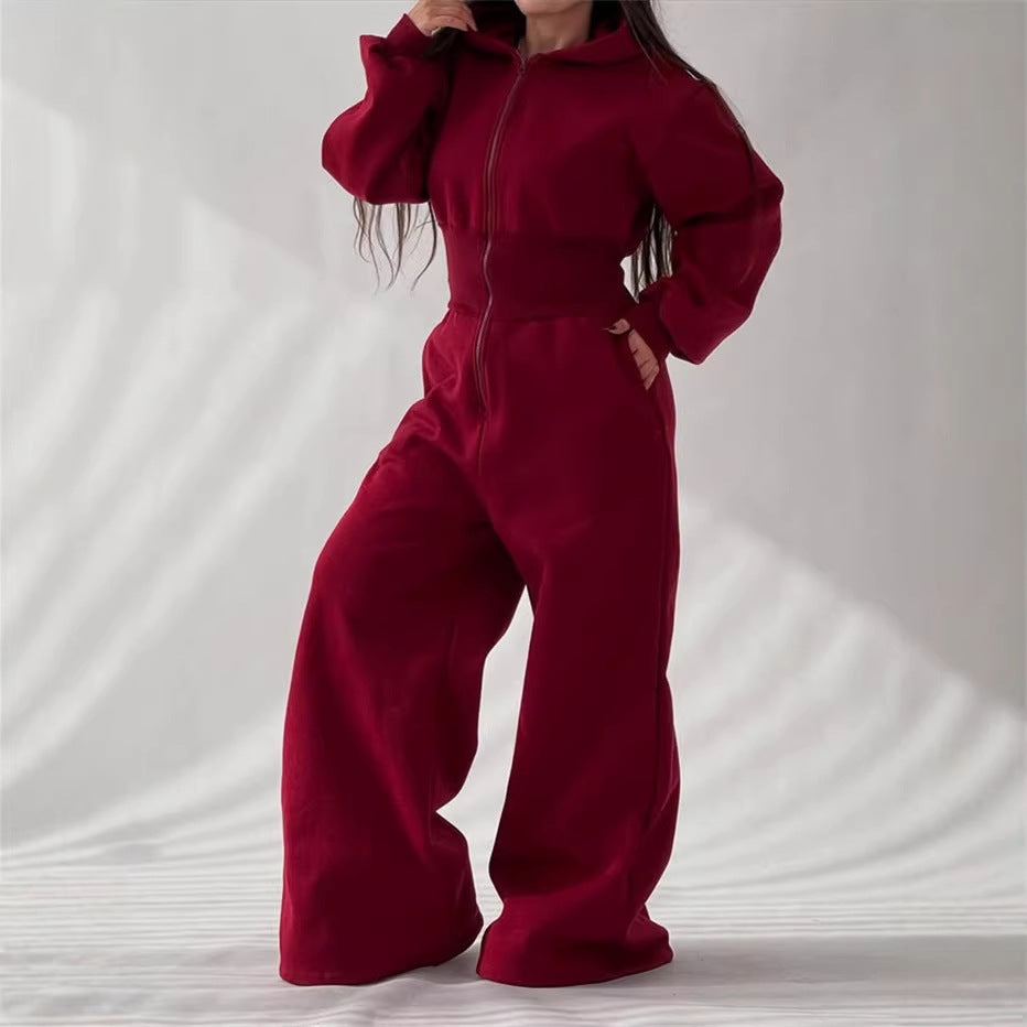 Damen Jumpsuit mit Kapuze und weitem Bein Drune