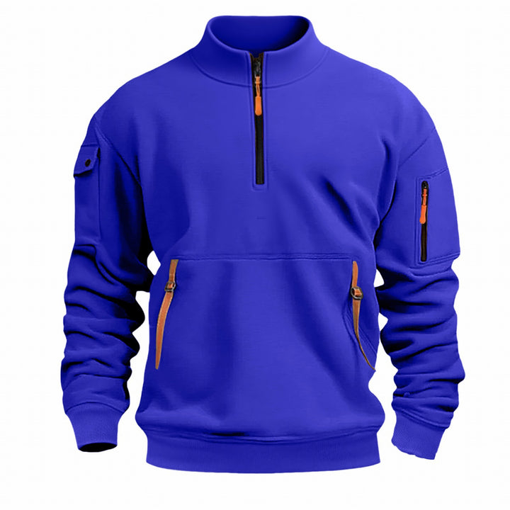 Herren nan Sweatshirt mit Stehkragen, halbem Reißverschluss, Kängurutasche und Ärmeltasche Drune