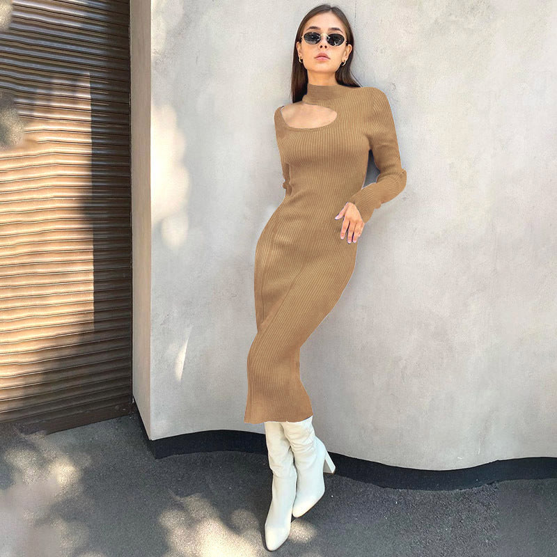 Damen Rippstrick-Midikleid mit Ausschnitt und langem Ärmel Drune