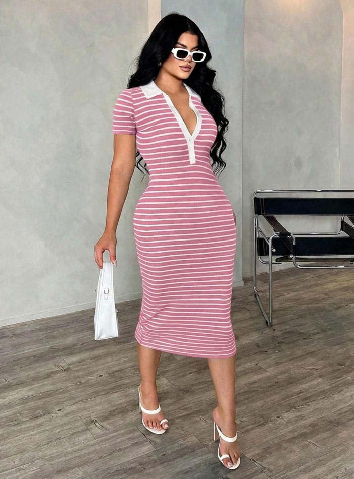 Damen Figurbetontes Polokleid im Streifen‑Look aus Rippstrick mit kurzem Ärmel Drune