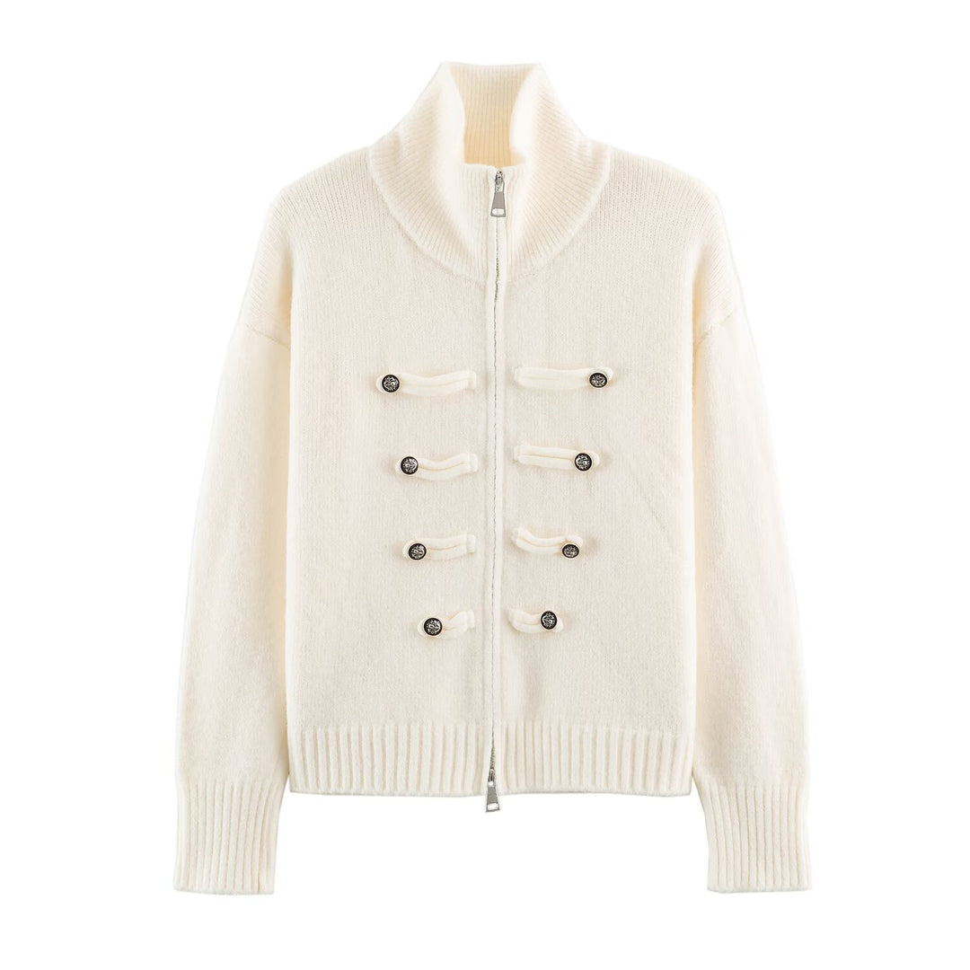 Damen Strickjacke mit Reißverschluss, hohem Stehkragen und dekorativen Zierknopfleisten Drune