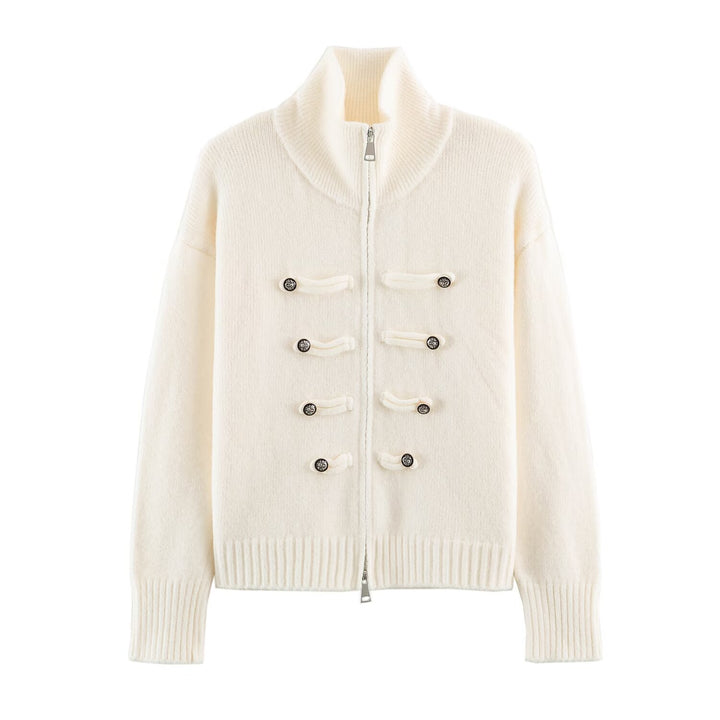 Damen Strickjacke mit Reißverschluss, hohem Stehkragen und dekorativen Zierknopfleisten Drune