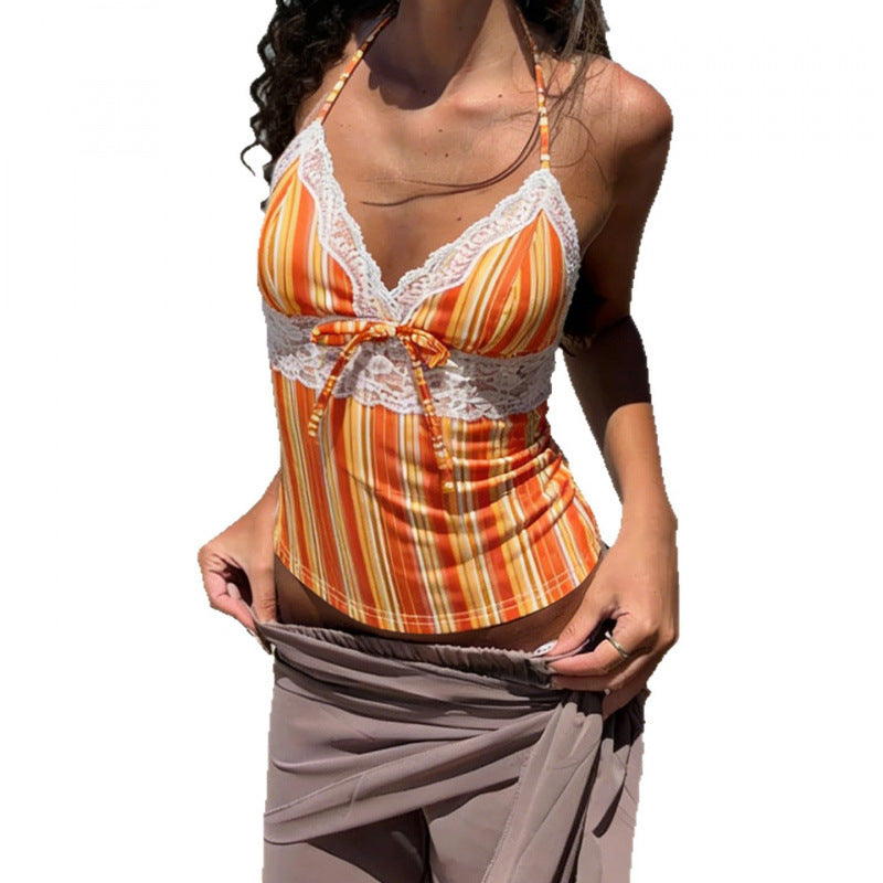 Damen Charmantes Spaghetti-Top mit Spitzenakzenten und Streifenmuster Drune