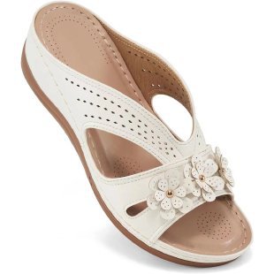 Damen Orthopädische Lederimitat-Pantolette mit Blumen‑Applikation und perforiertem Obermaterial Drune
