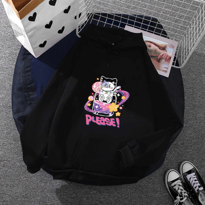 Damen nan oversized Kapuzenpullover im Streetstyle mit weichem Fleece-Innenfutter, Kängurutasche und farbenfrohem Cartoon-Katzen-Planet-Print Drune