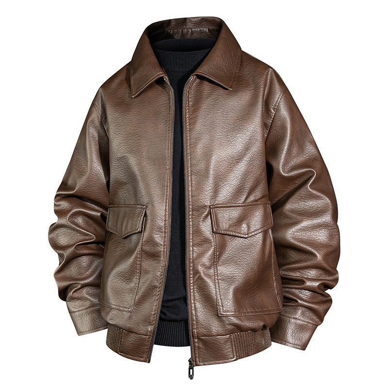 Herren Lässige Kunstlederjacke mit Kragen und Taschen Drune