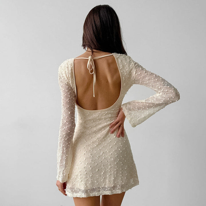 Drune | Jacquard Mini Kleid Taillierte Silhouette Rundhals Langarm Rückenfrei Mit Schleife