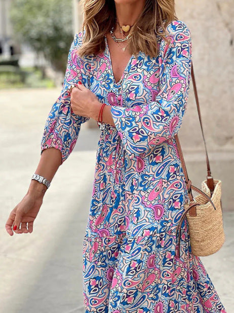 Damen Maxikleid mit floralen Mustern und modischem Taillengürtel Drune