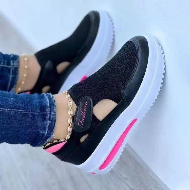 Damen  atmungsaktive Strick-Sneaker mit Klettverschluss, Cut-Outs und Plateau-Luftsohle Drune