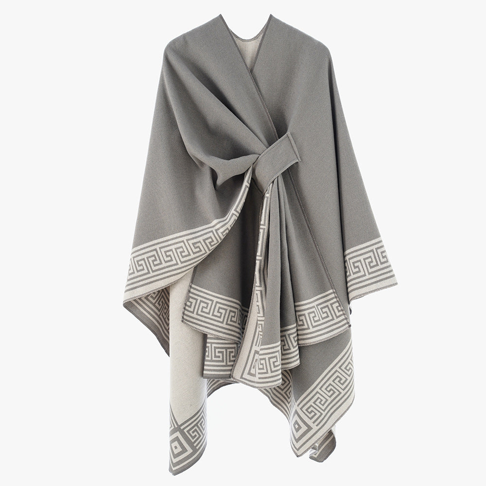 Damen Cape-Umhang aus Wollmix, reversibel mit Bindegürtel und Mäanderbordüre Drune