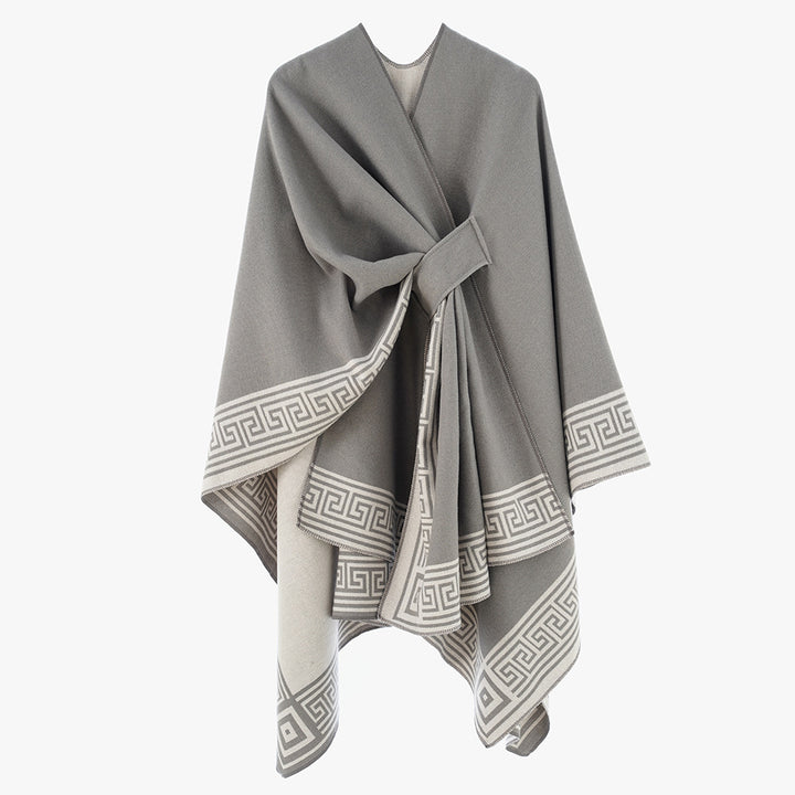 Damen Cape-Umhang aus Wollmix, reversibel mit Bindegürtel und Mäanderbordüre Drune