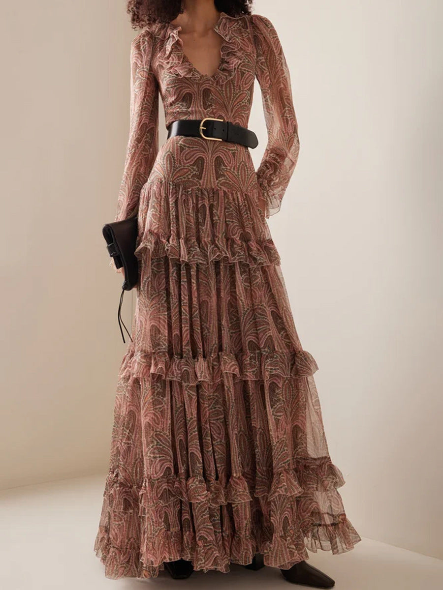 Damen Maxikleid mit rüschenverziertem Gewebe und elegantem V-Ausschnitt Drune