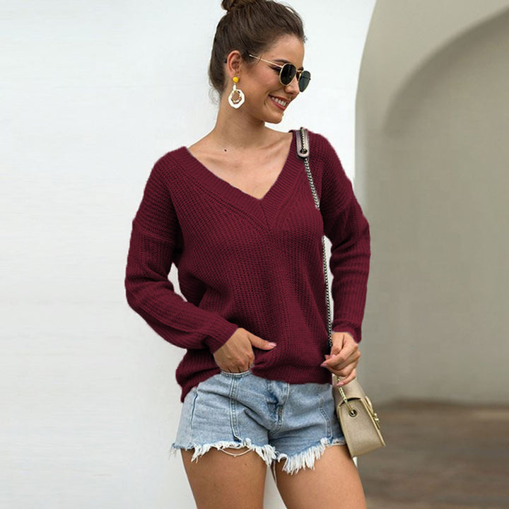 Damen lässiger Strickpullover mit tiefem V-Ausschnitt und strukturierter Oberfläche Drune