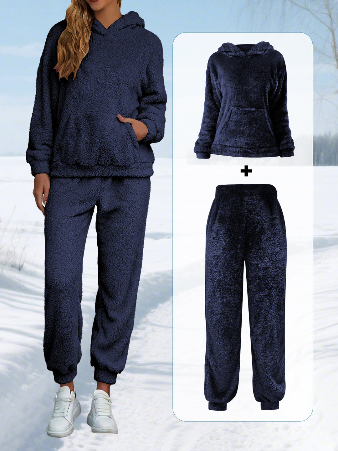Damen Kuscheliges Teddy-Fleece Lounge-Set mit Kapuze und Kängurutasche Drune
