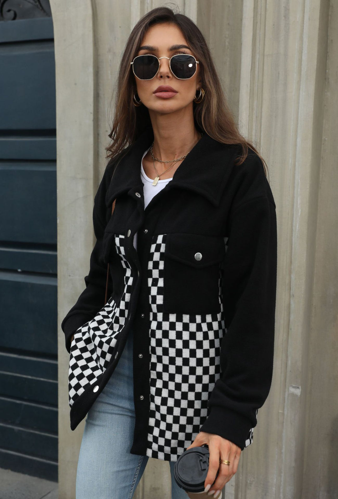 Damen Modische Overshirtjacke mit Karomuster Drune