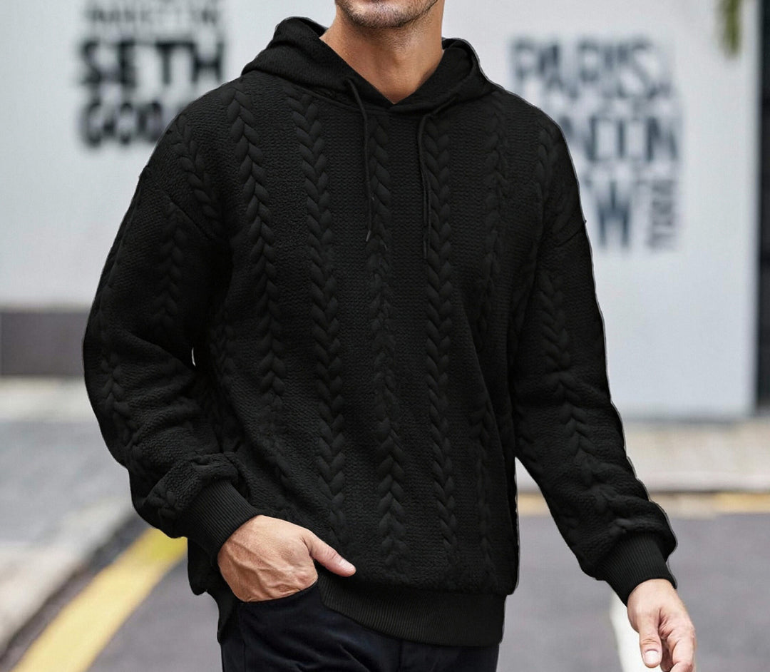 Herren strukturiertes Kapuzen-Sweatshirt mit Zopfstrick-Relief, Tunnelzug und Kängurutasche Drune