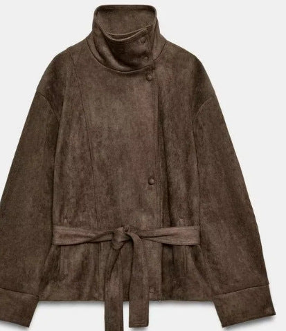 Damen Kurzblouson aus Kunstleder mit doppelreihiger Knopfleiste und Schultercape Drune