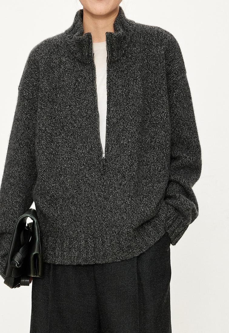 Damen Grobstrickpullover mit hohem Kragen und halber Reißverschluss Drune