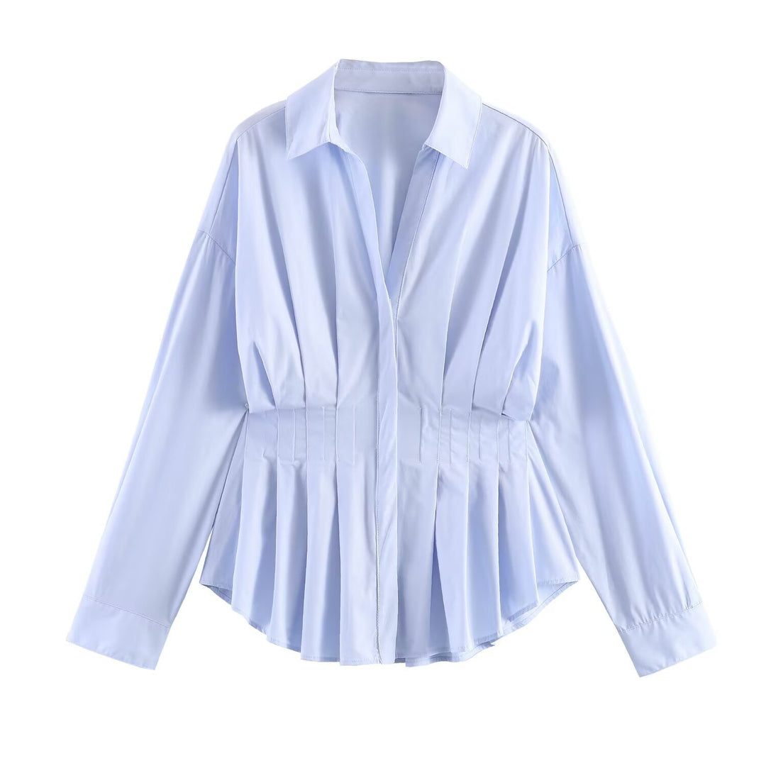 Damen taillierte Hemdbluse mit Kellerfalten‑Schößchen und Hemdkragen Drune