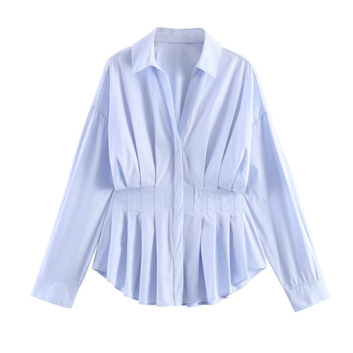 Damen taillierte Hemdbluse mit Kellerfalten‑Schößchen und Hemdkragen Drune