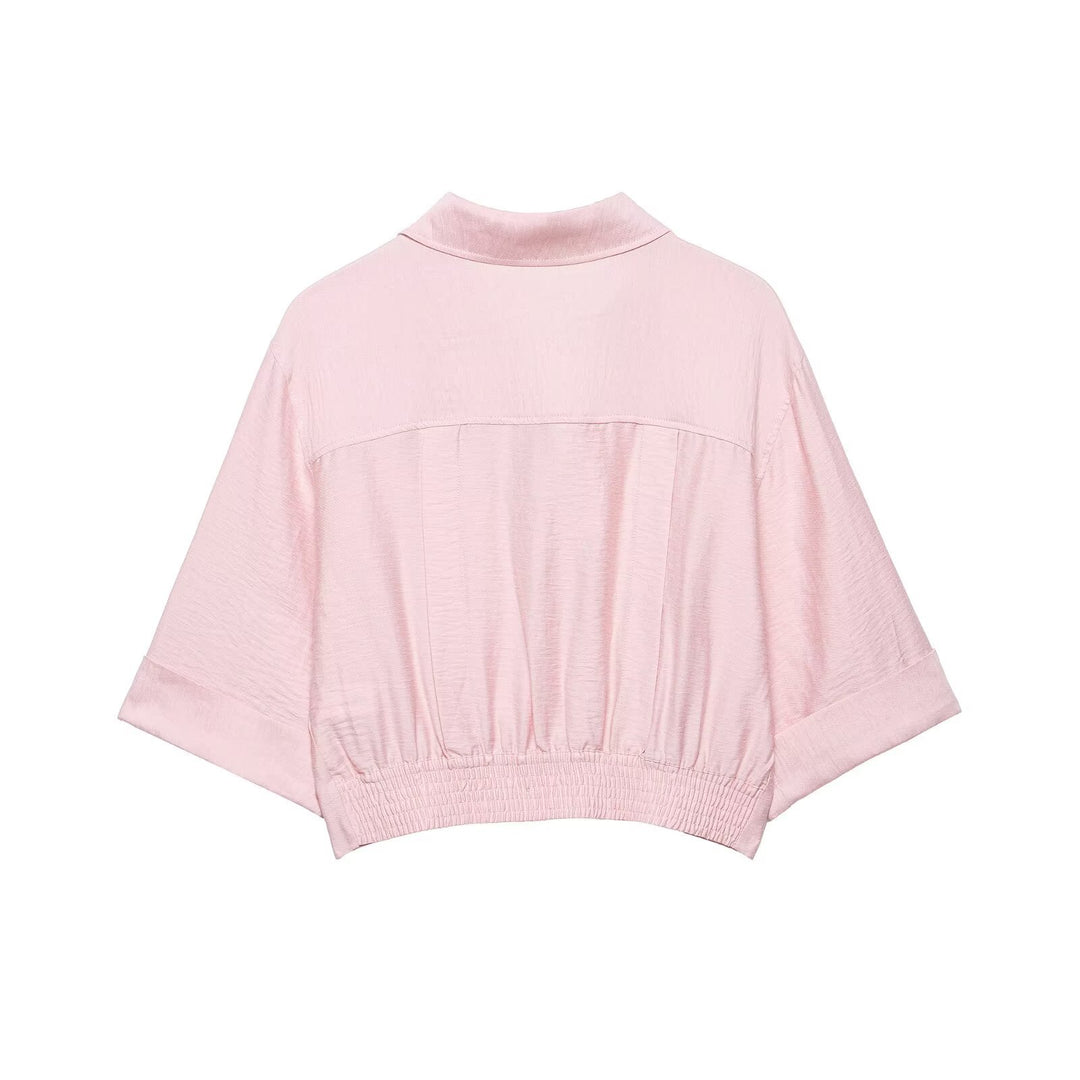 Damen Kastige Cropped-Bluse mit Hemdkragen, verkürztem Saum und Aufrollärmeln Drune
