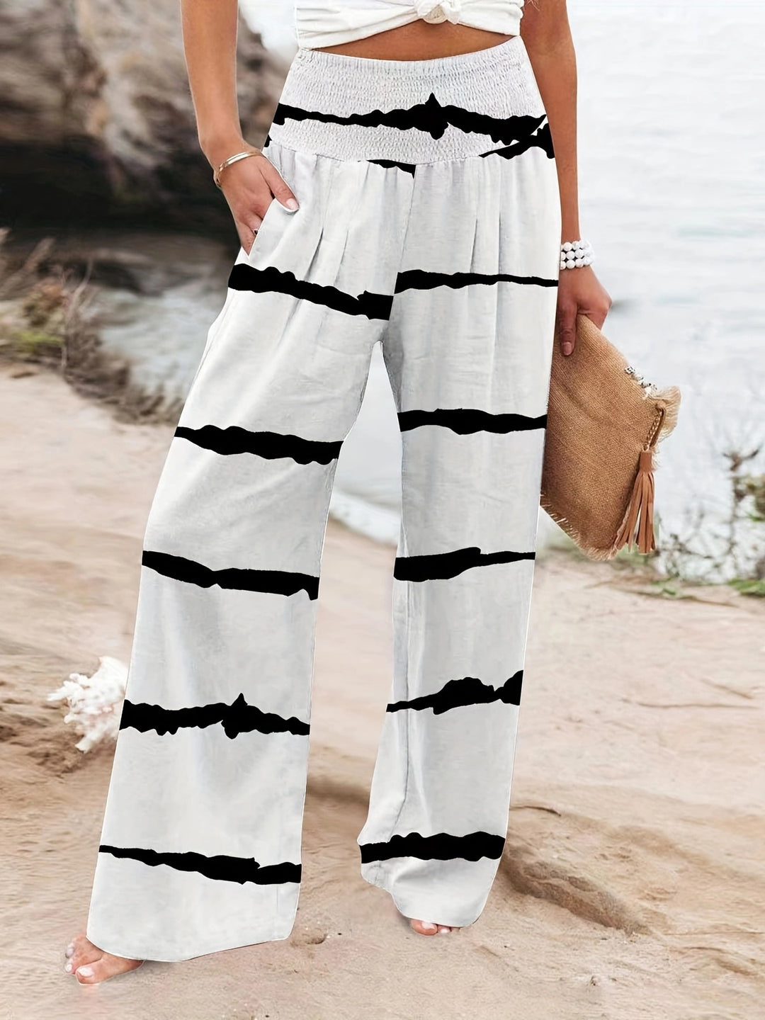 Damen weit geschnittene Sommerhose mit elastischem Bund und modischem Streifenmuster Drune
