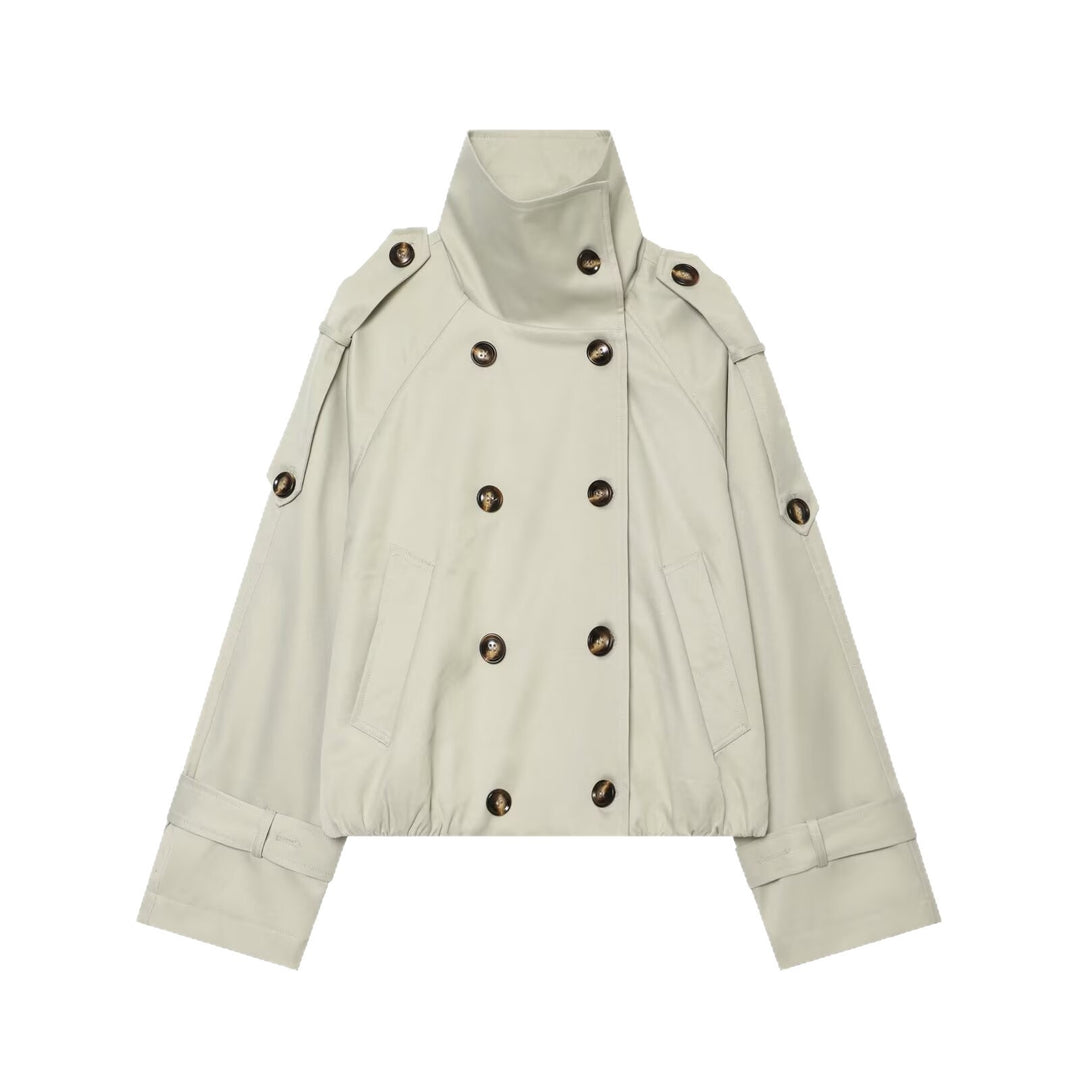 Damen Cropped-Trenchcape mit hohem Funnelkragen und Schulterriegeln Drune