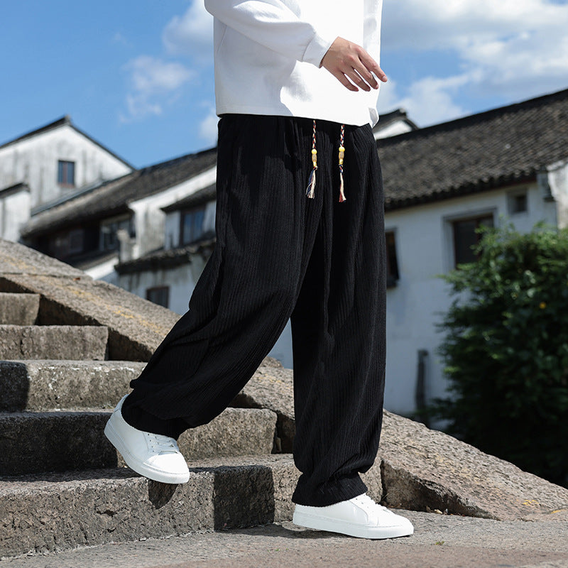 Herren Weit geschnittene Cord-Relaxhose mit elastischem Bund und Zierkordel Drune