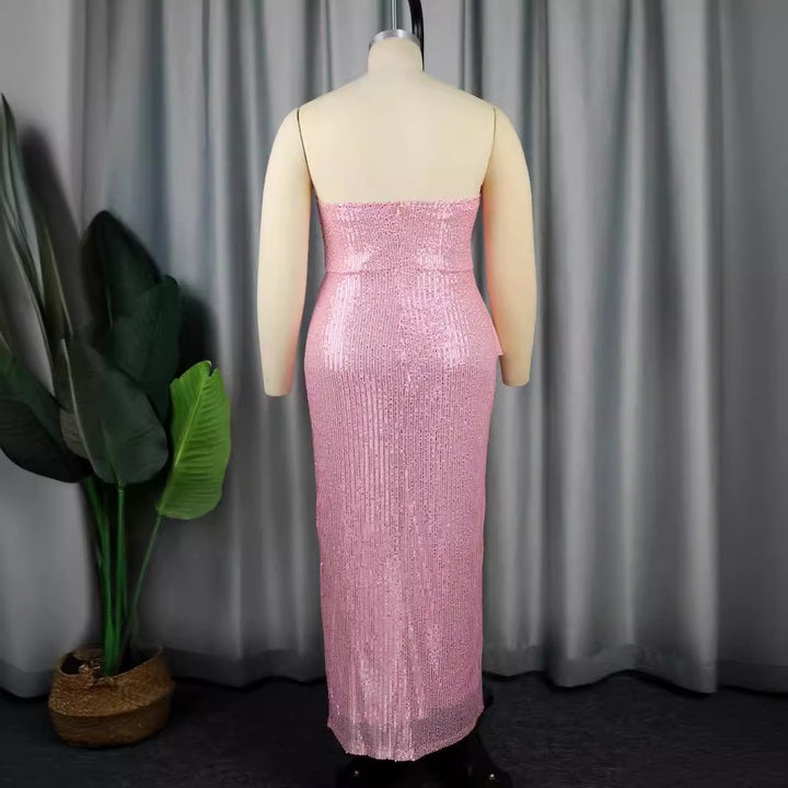 Damen glitzerndes Abendkleid mit asymmetrischem Design und extravaganten Rüschen Drune