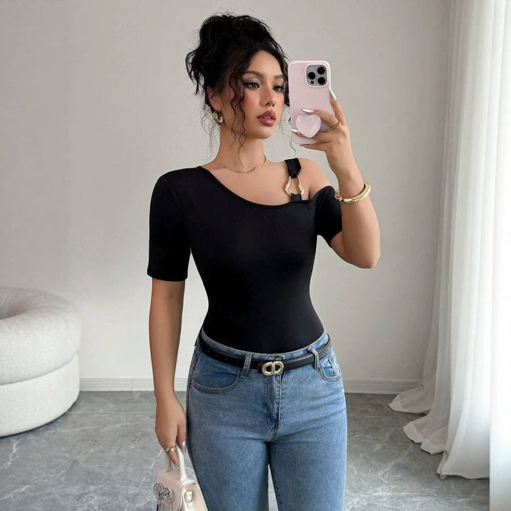 Damen eleganter Body mit asymmetrischem Ausschnitt und kurzärmeliger Gestaltung Drune