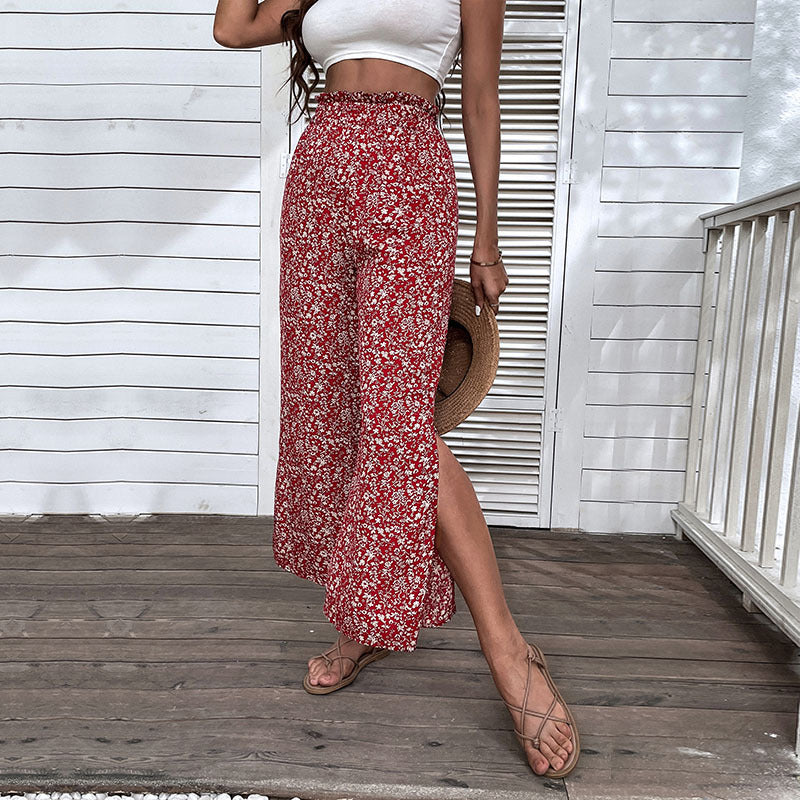 Damen Leichte High‑Waist Palazzo‑Hose mit Gummibund, Blumenprint und seitlichem Beinschlitz Drune