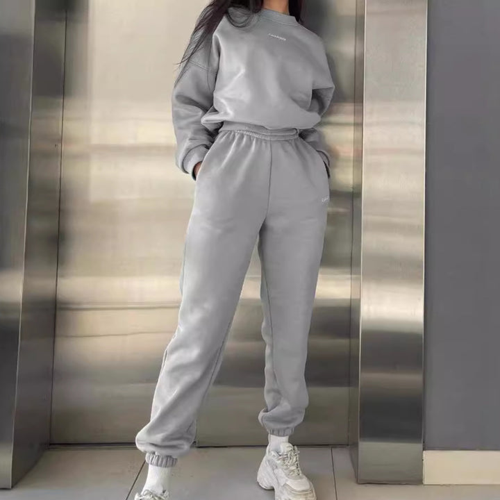 Damen nan Oversized kurz geschnittenes Sweatshirt mit High Waist Fleece Jogginghose Set Drune