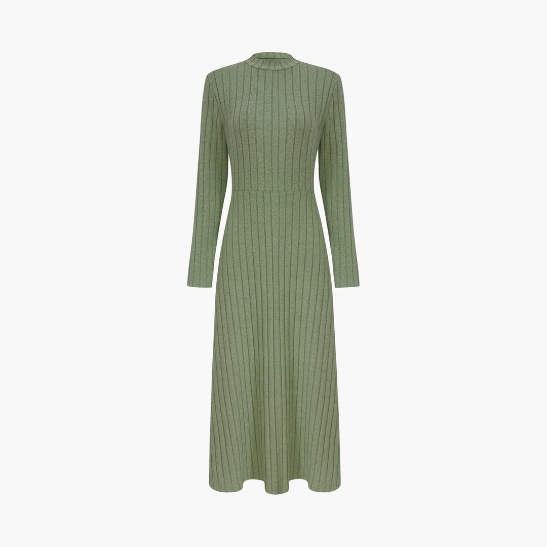 Damen Geripptes Strickmidikleid mit hohem Stehkragen und taillierter A-Linie Drune