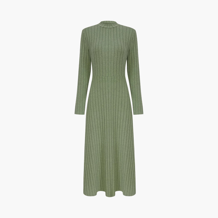 Damen Geripptes Strickmidikleid mit hohem Stehkragen und taillierter A-Linie Drune