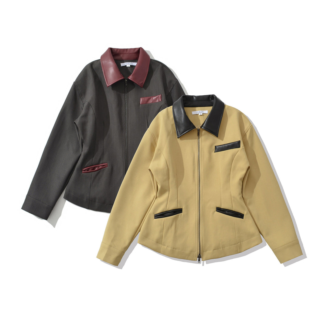 Damen Taillierte Kurzjacke mit Reißverschluss und Kunstlederbesatz Drune