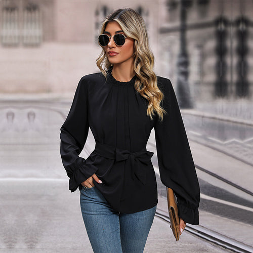 Damen Bluse mit dekorativem Wickelgürtel und voluminösen Ärmeln Drune