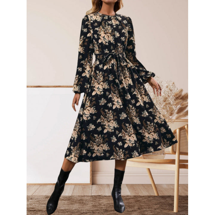 Damen Midikleid mit floralen Details und Taillengürtel Drune