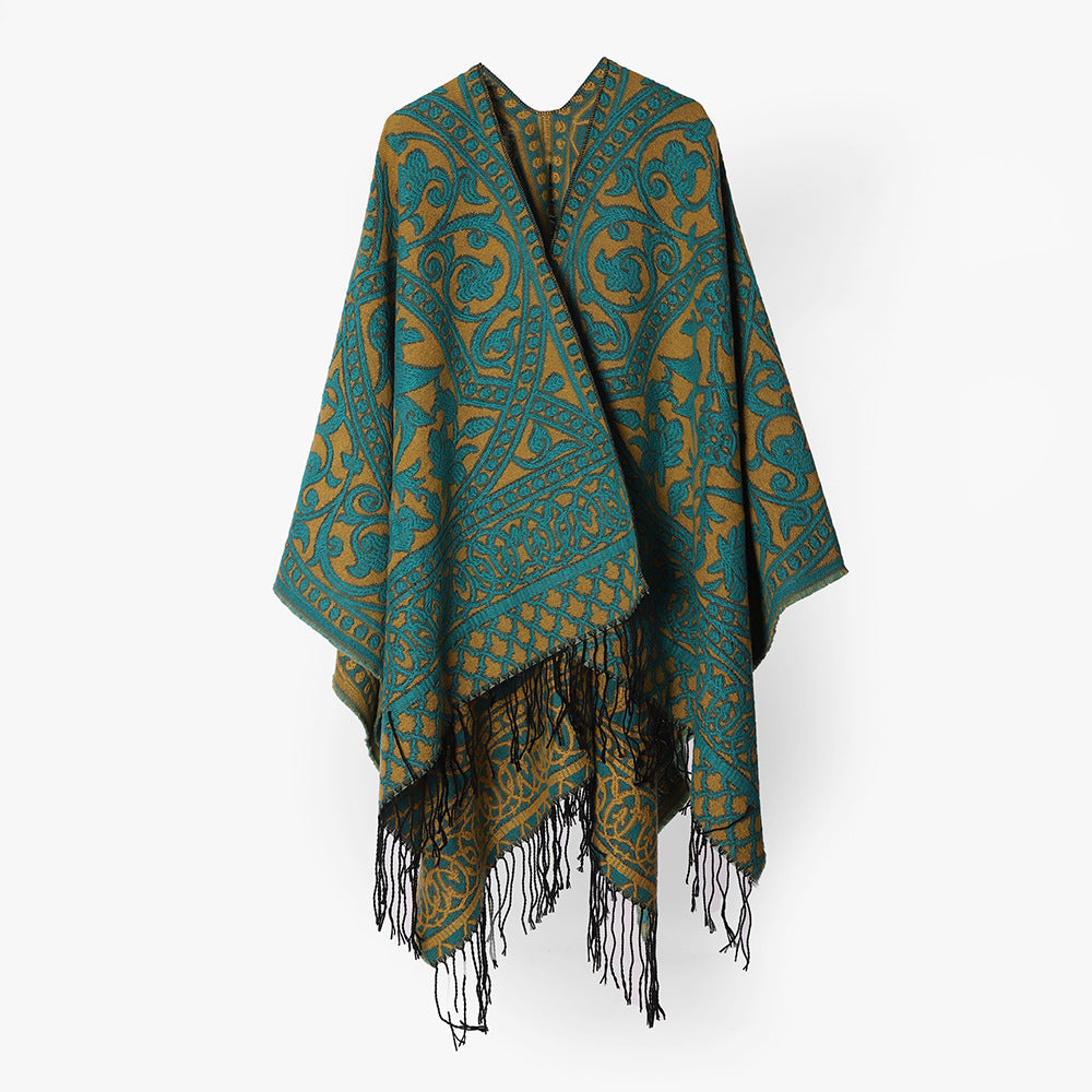 Damen Jacquard-Cape-Überwurf aus Wollmix mit Paisley-Jacquard und Fransensaum Drune