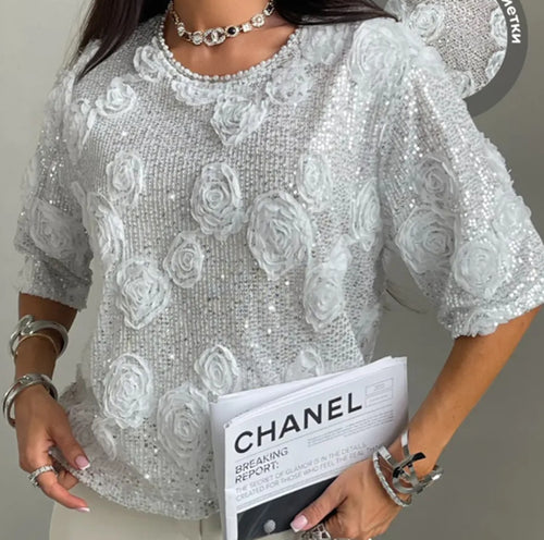 Damen nan elegante Paillettenbluse mit dreidimensionalen Rosenapplikationen, Rundhalsausschnitt und halblangen Ärmeln Drune