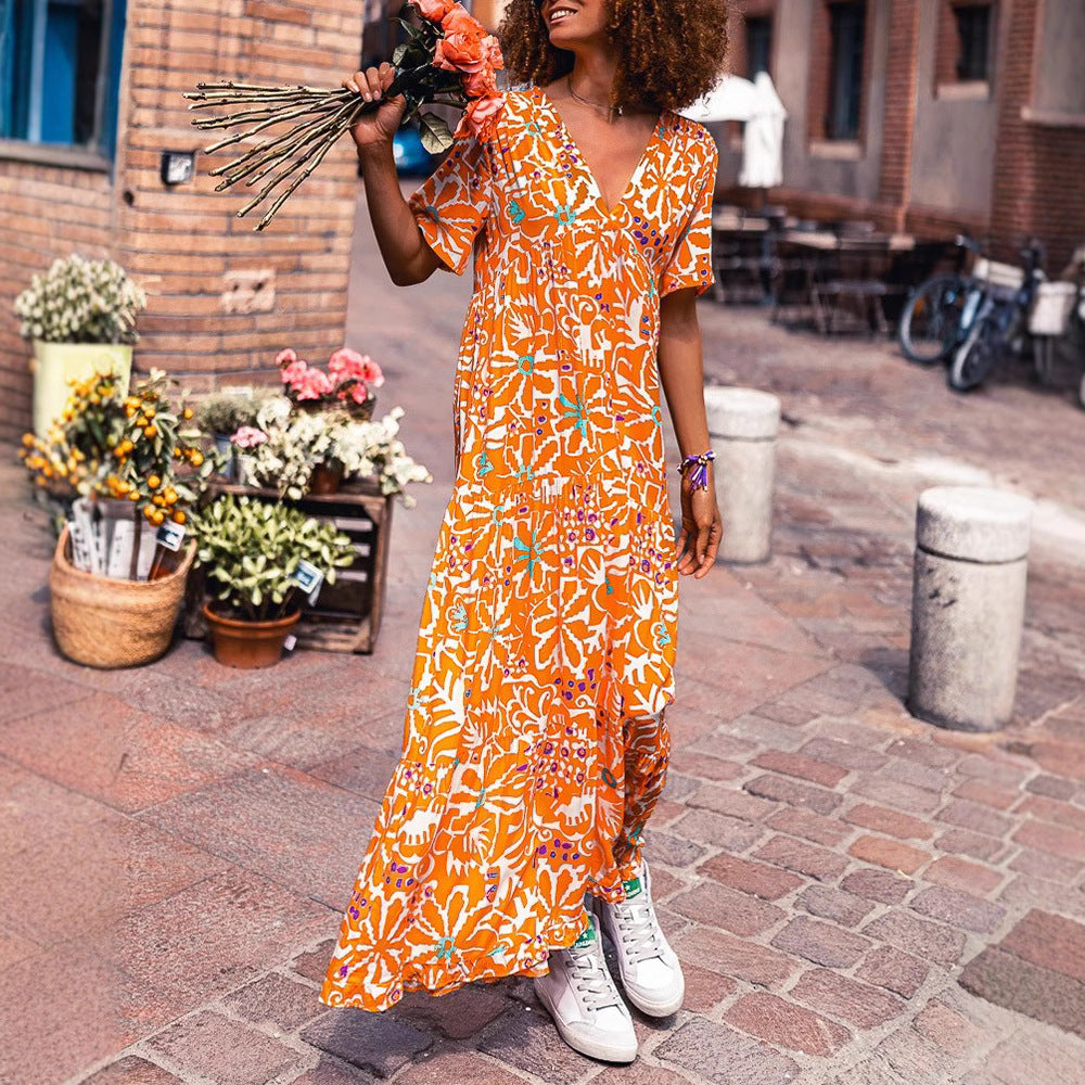 Damen nan knöchellanges V-Ausschnitt-Maxikleid mit grafischem Ethno-Print, kurzen Ärmeln und schwingender Volantbahn Drune