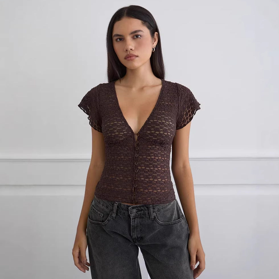 Damen Verspieltes Spitzenoberteil mit fließendem Design und kurzen Puffärmeln Drune
